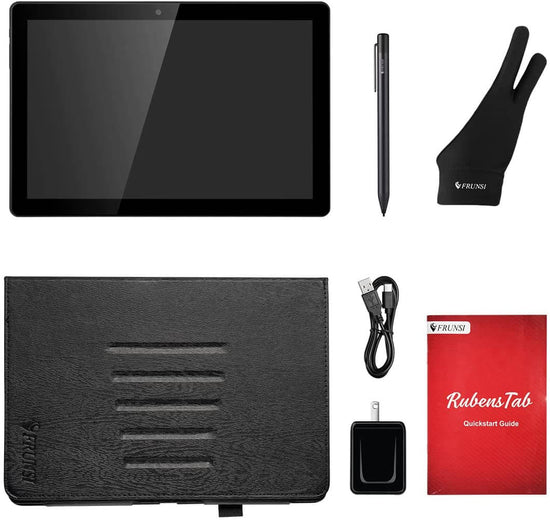 The package content of a Frunsi RubensTab includes An Adjustable Stand Case (with 10 adjustable levels for better drawing angle), a Pen Stylus, Charging Adapter, Mini HDMI Cable, Glove.