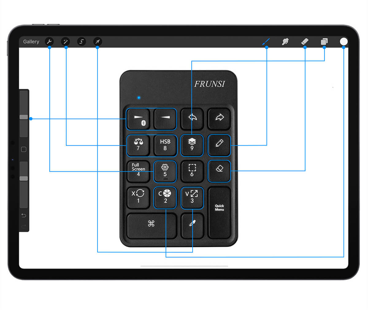 The Frunsi keyboard contains the 18 most frequently used standard keys on Mac/IOS devices to give you instant access to your favorite shortcuts. You can always experience hassle-free and efficient work with this keyboard! 