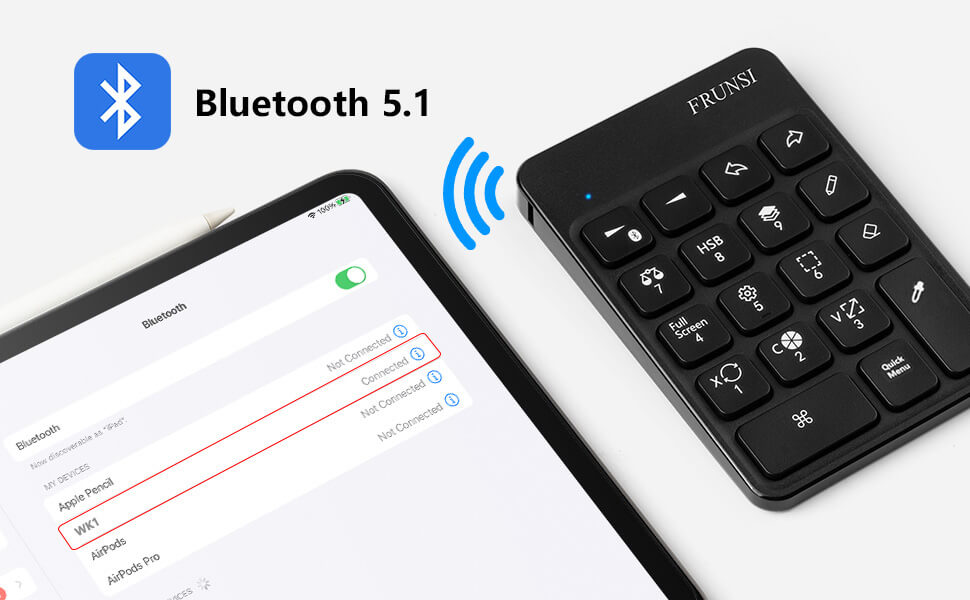 With a stable built-in Bluetooth 5.1 connection in Frunsi Keyboard, you can connect a procreate keyboard to your Mac/IOS devices without downloading or installing any drivers. The device offers a strong connection of up to 5m and a clutter-free workspace.